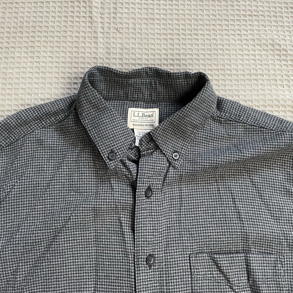 LL Bean Wicked Good Flannel Shirt Medium Tall MT Mens Gray Houndstooth